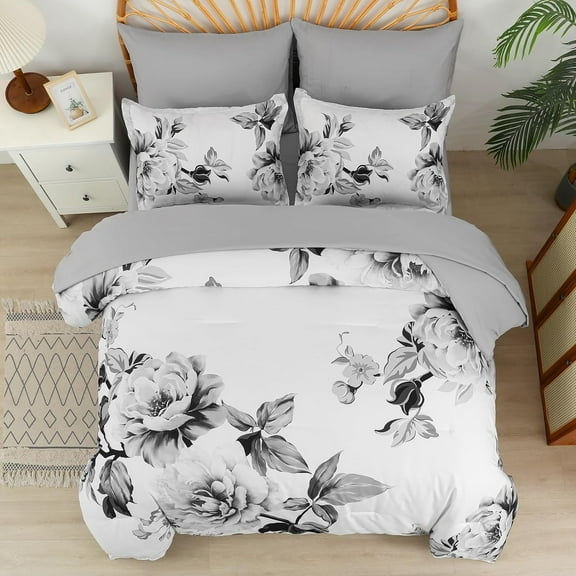 Grey Floral Comforter Set Queen 7 Pieces Bed in a Bag Botanical Floral Comforter Soft Microfiber Grey Bedding Set Queen Size Bed with Sheet and Pillowcase