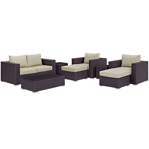 Modern Contemporary Urban Design Outdoor Patio Balcony Eight PCS Sofa Set, Beige, Rattan