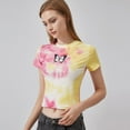 thumbnail image 2 of Femmes O-Cou Cravate-Teint Papillon Imprimé Nombril Occasionnel Exposé T-Shirt à Manches Courtes Hauts Colorés, 2 of 10