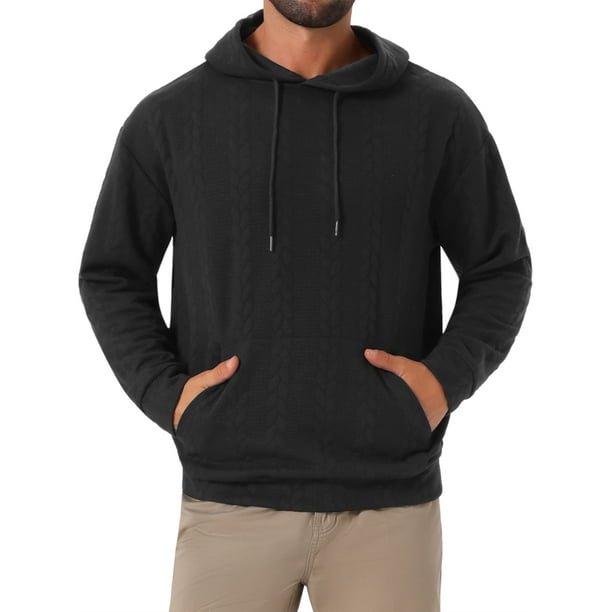 SUDADERA CON CAPUCHA PULLOVER JACQUARD DE MANGA LARGA PARA HOMBRES CON BOLSILLOS Y CORDÓN M NEGRO