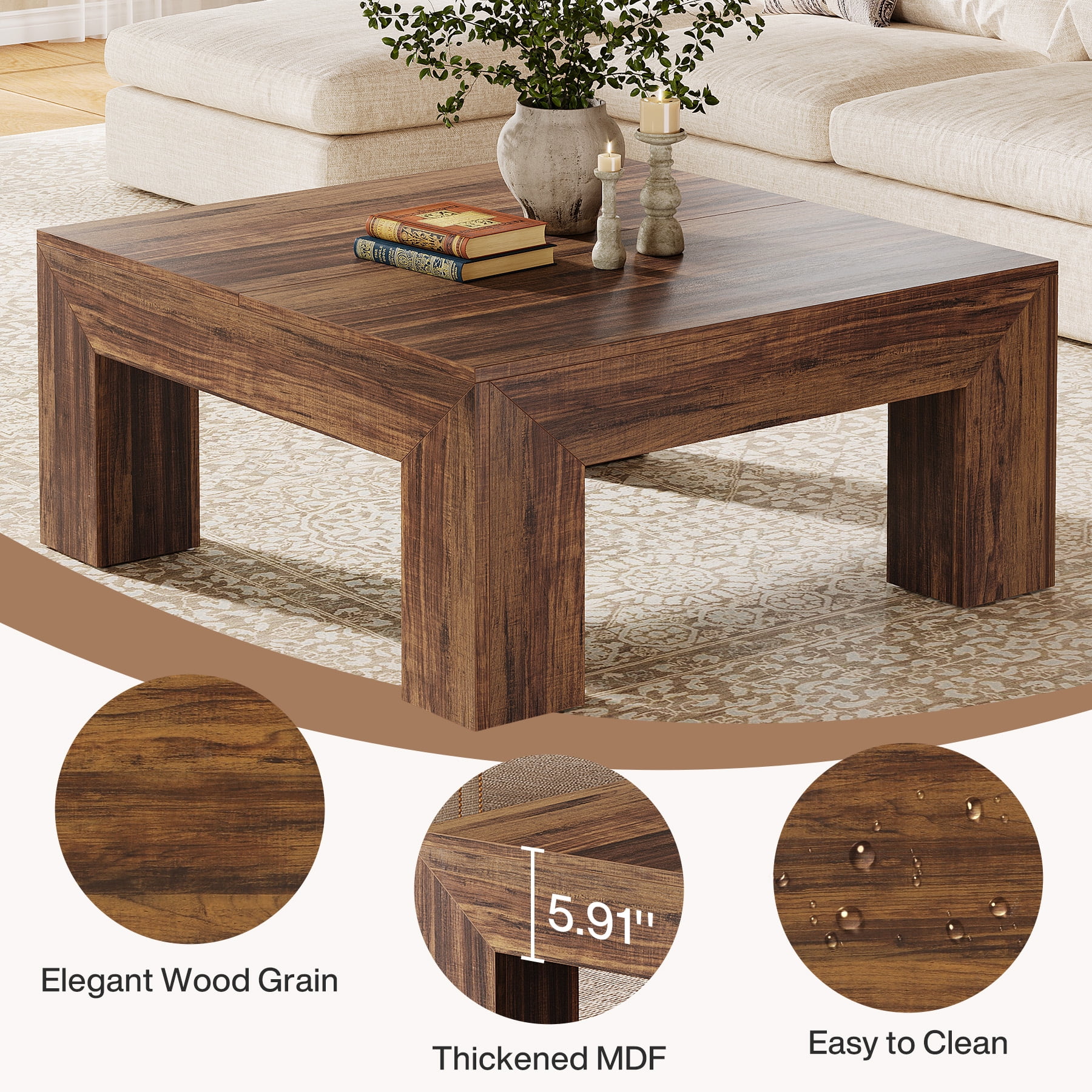 Fnova 39.4" Square Coffee Table, Farmhouse Wood Accent Center Cocktail Table with Sturdy Wooden Legs for Living Room, Easy Assembly