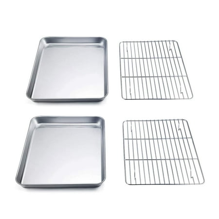 

Toaster Oven Pan with Rack Set (2 Pans + 2 Racks) 9’’ x 7’’ x 1’’ Stainless Steel Compact Toaster Ovenware Pan with Cooling Rack Healthy & Heavy Duty Easy Clean & Dishwasher Safe - 4 Packs