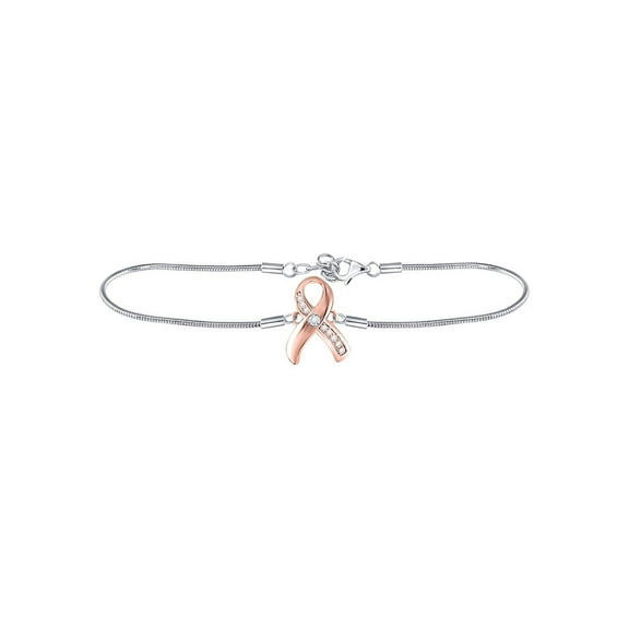 Sterling Silver Womens Round Diamond Pink Awareness Ribbon Fashion Bracelet 1/20 Cttw