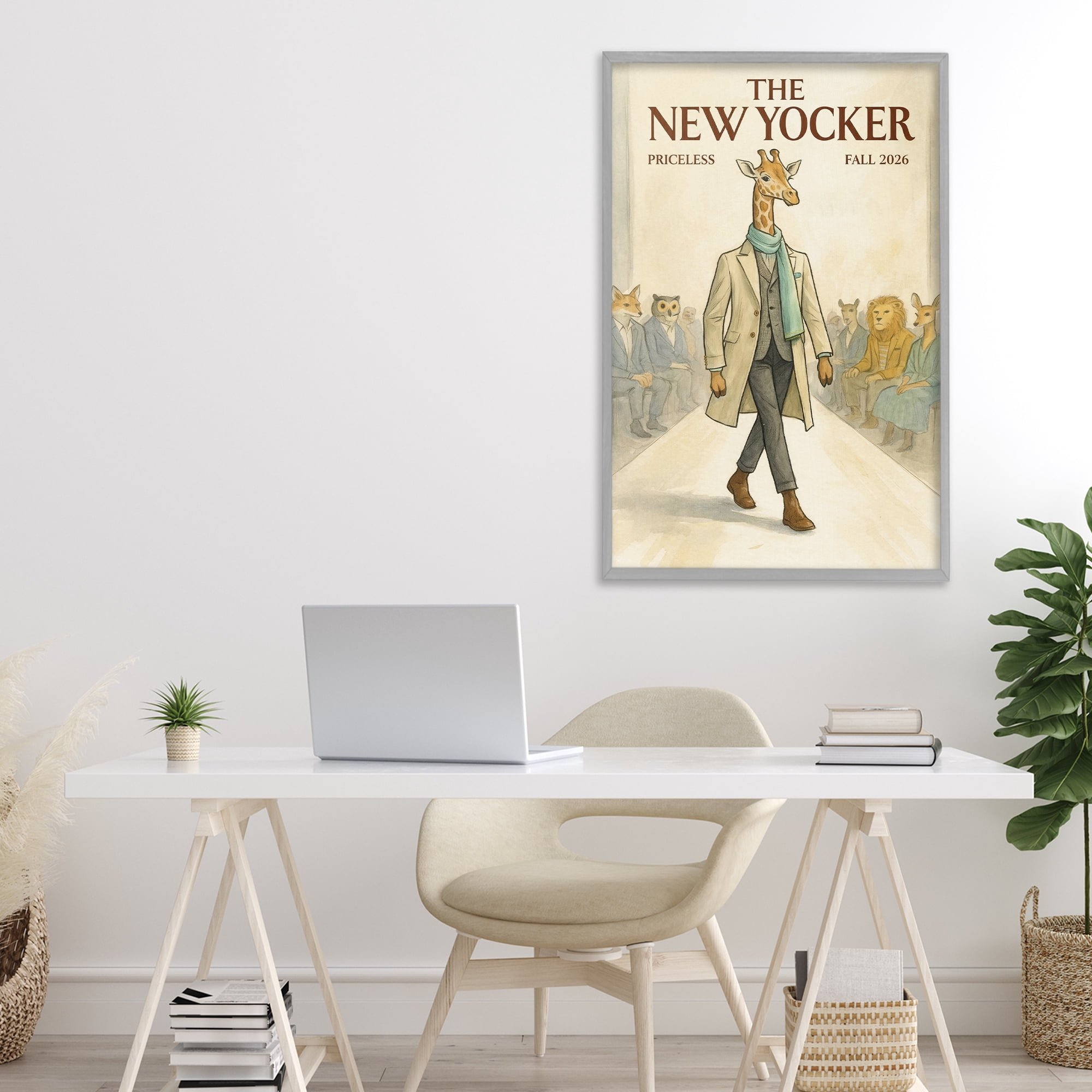 Stupell Industries New Yocker Giraffe Model Gray Framed Giclee Art, design by Grotto Studios