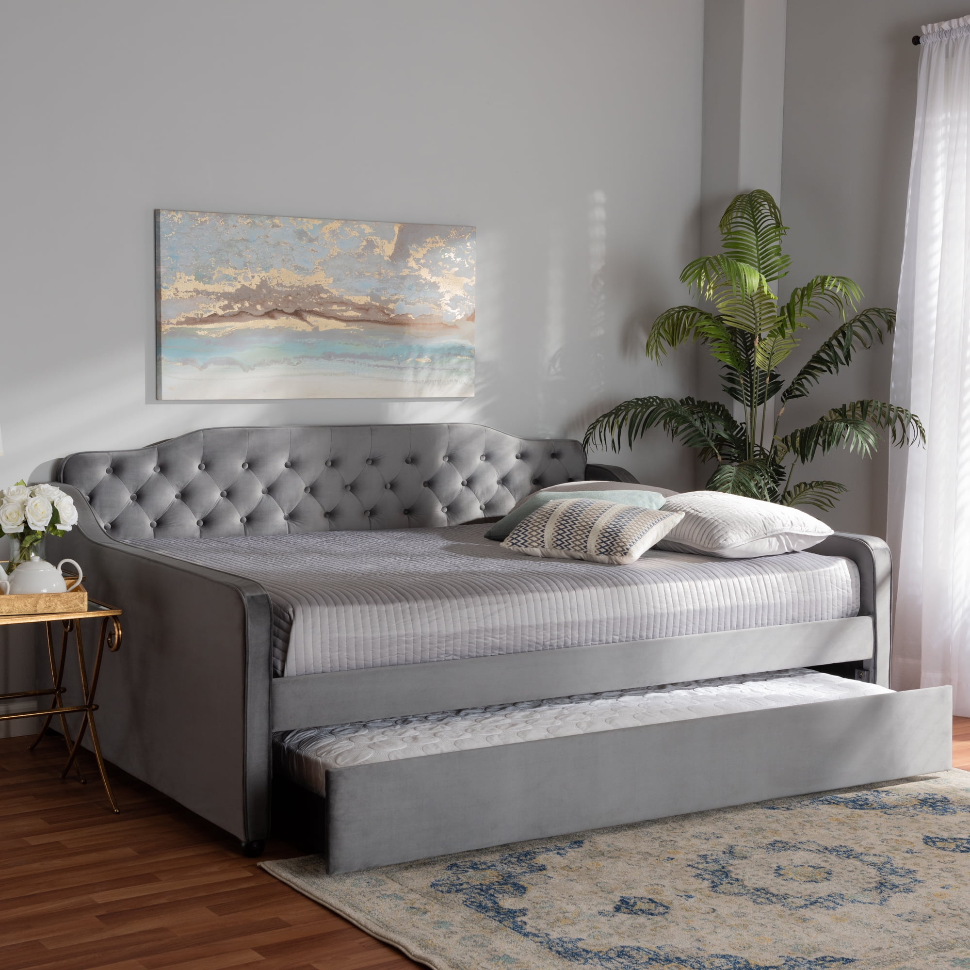Baxton Studio Freda Transitional and Contemporary Grey Velvet Upholstered and Button Tufted Full Size Daybed with Trundle