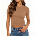 thumbnail image 5 of Women's Regular Fit Round Neck Short Sleeve Solid Color Comfy Pullover Top Blouse Casual Daily Wear Summer Vacation Outfits | CSEONE,Khaki S, 5 of 9