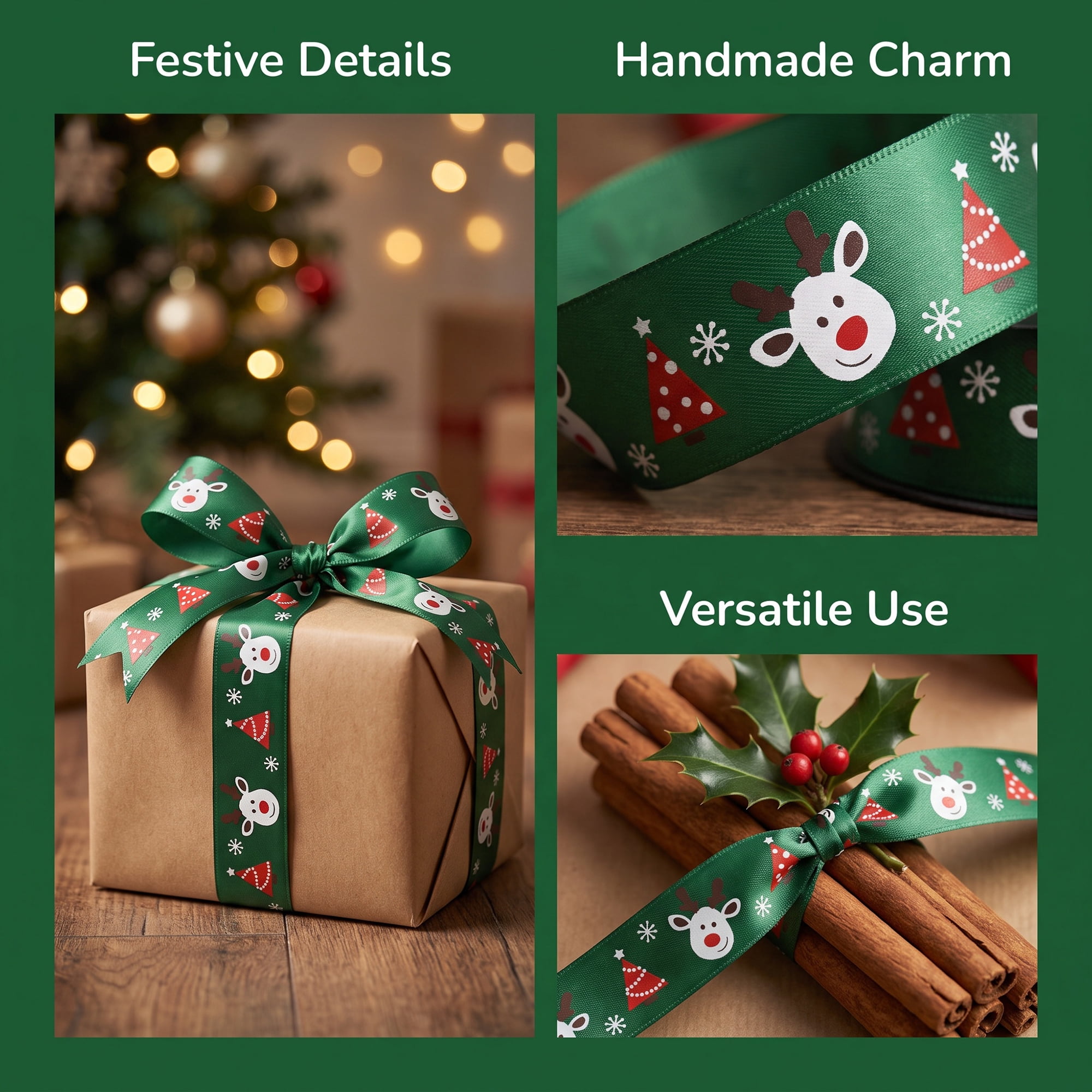 Unique Bargains Premium Fabric Ribbon for Gift Wrapping Green Reindeer Pattern 5.5 Yard