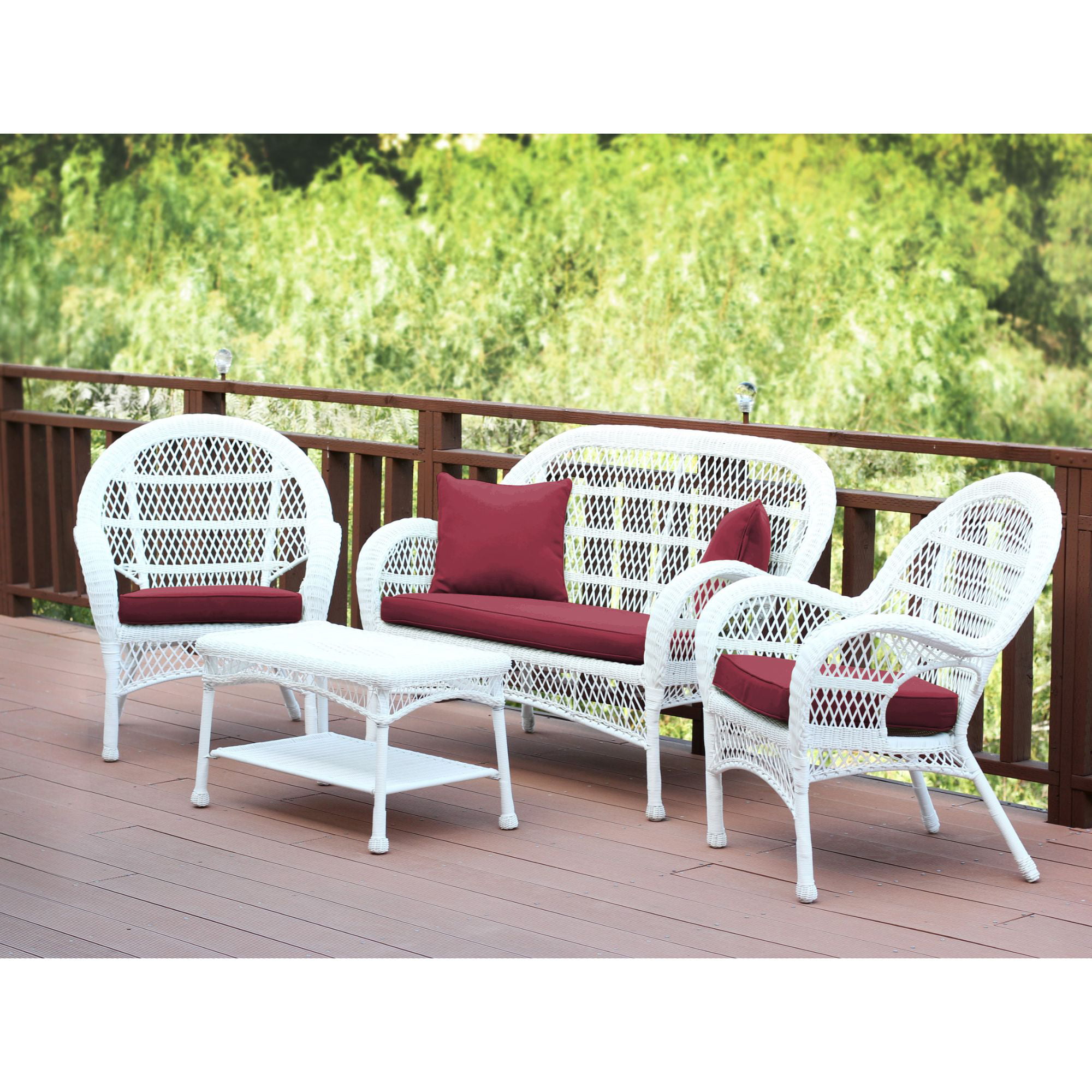 4-Piece White Wicker Outdoor Furniture Patio Conversation Set - Red