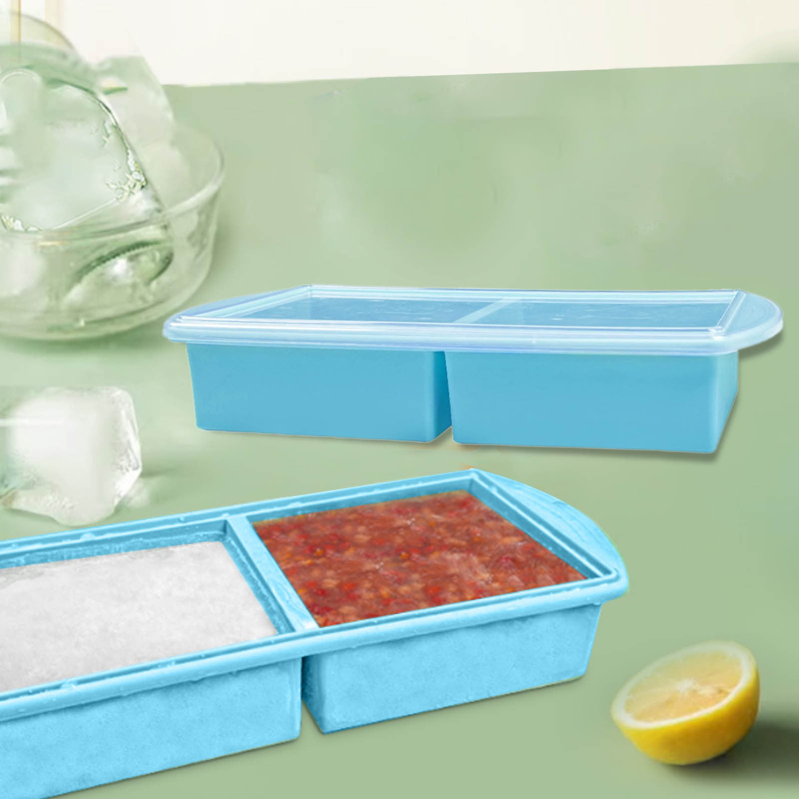 Eqslft 1-Pack Silicone Freezer Tray with Lid for Soup Ice Cubes, 2-Cup Large Ice Cube Tray - Soup Broth Sauce Meal Portion Freezer Storage Containers(Blue)