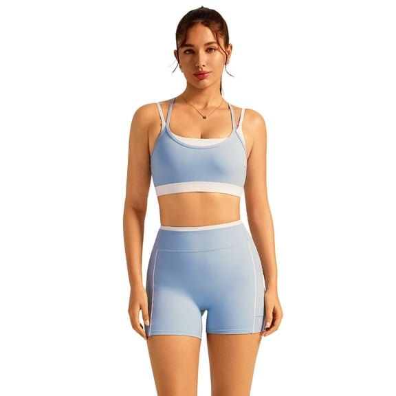 IBTOM CASTLE Double Layer Workout Sets for Women 2 Piece Sports Bra High Waist Biker Shorts with Pocket Yoga Pialtes Outfits S Blue