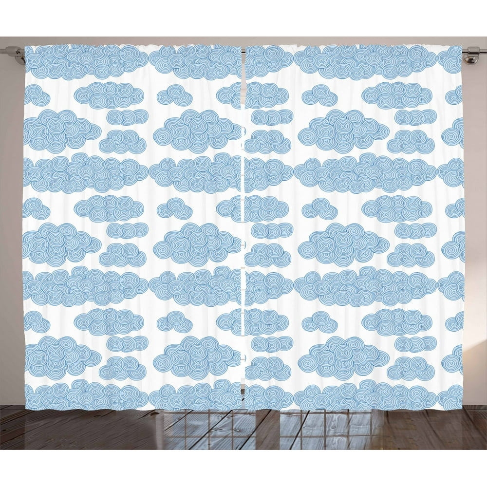 Cloud Curtains 2 Panels Set, Overlapping Crooked Spiral Lines and Blue