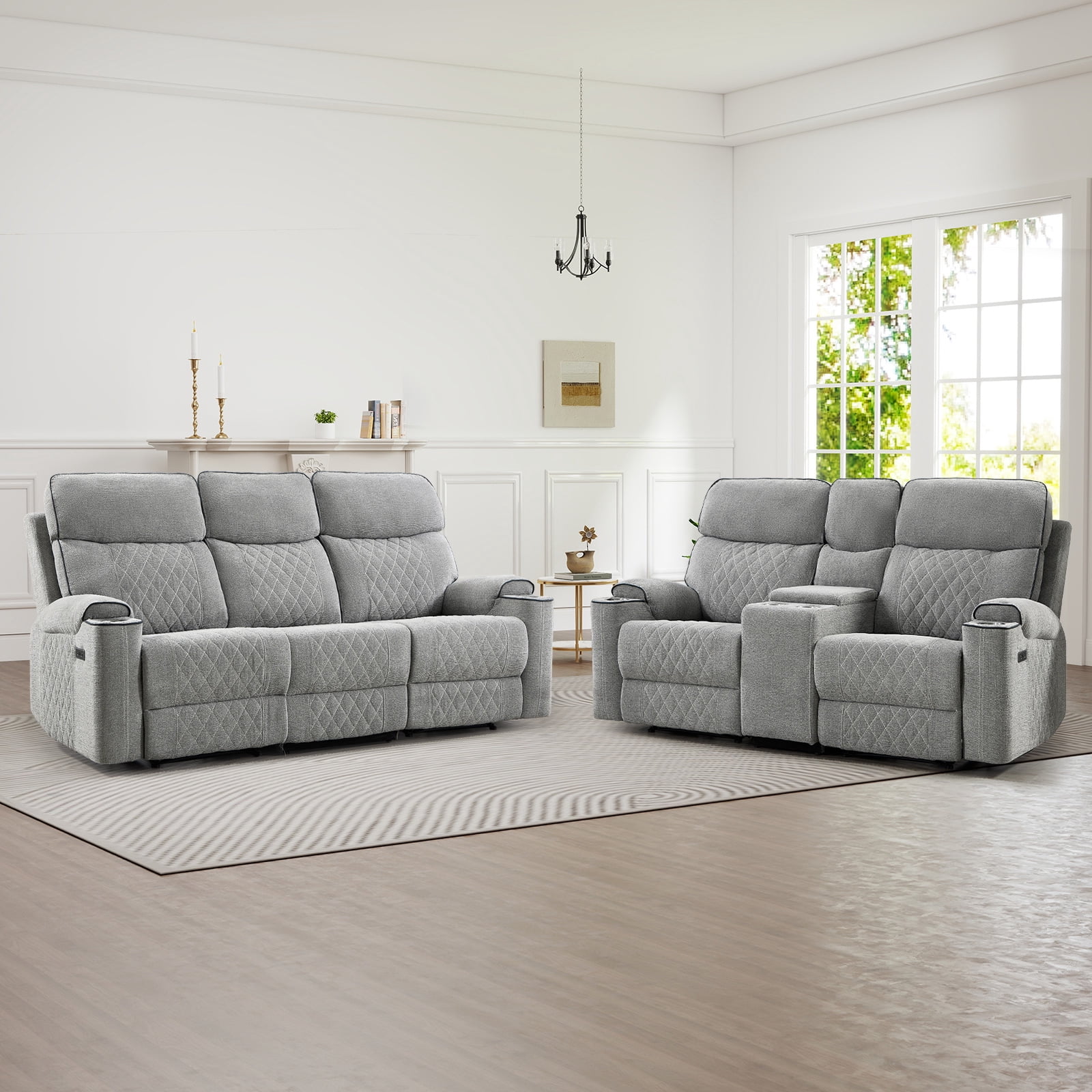 Bonzy Home Power Reclining Sofa Set — Fabric Electric Recliner Loveseat & 3 Seater Sofa Couch with Cup Holders, USB Type-C Charging Ports & Hidden Storage, 5 Seats, Light Grey