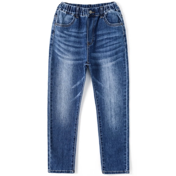KIDSCOOL Big Girls Elastic Waist Denim Pants Classic Straight Leg Jeans,Mid Blue,8-9 Years