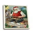 thumbnail image 1 of Lantern Press Ceramic Coaster Set, Christmas Greeting, Santa Building Sled, Cork Back, Absorbent, Unique Art, 1 of 3