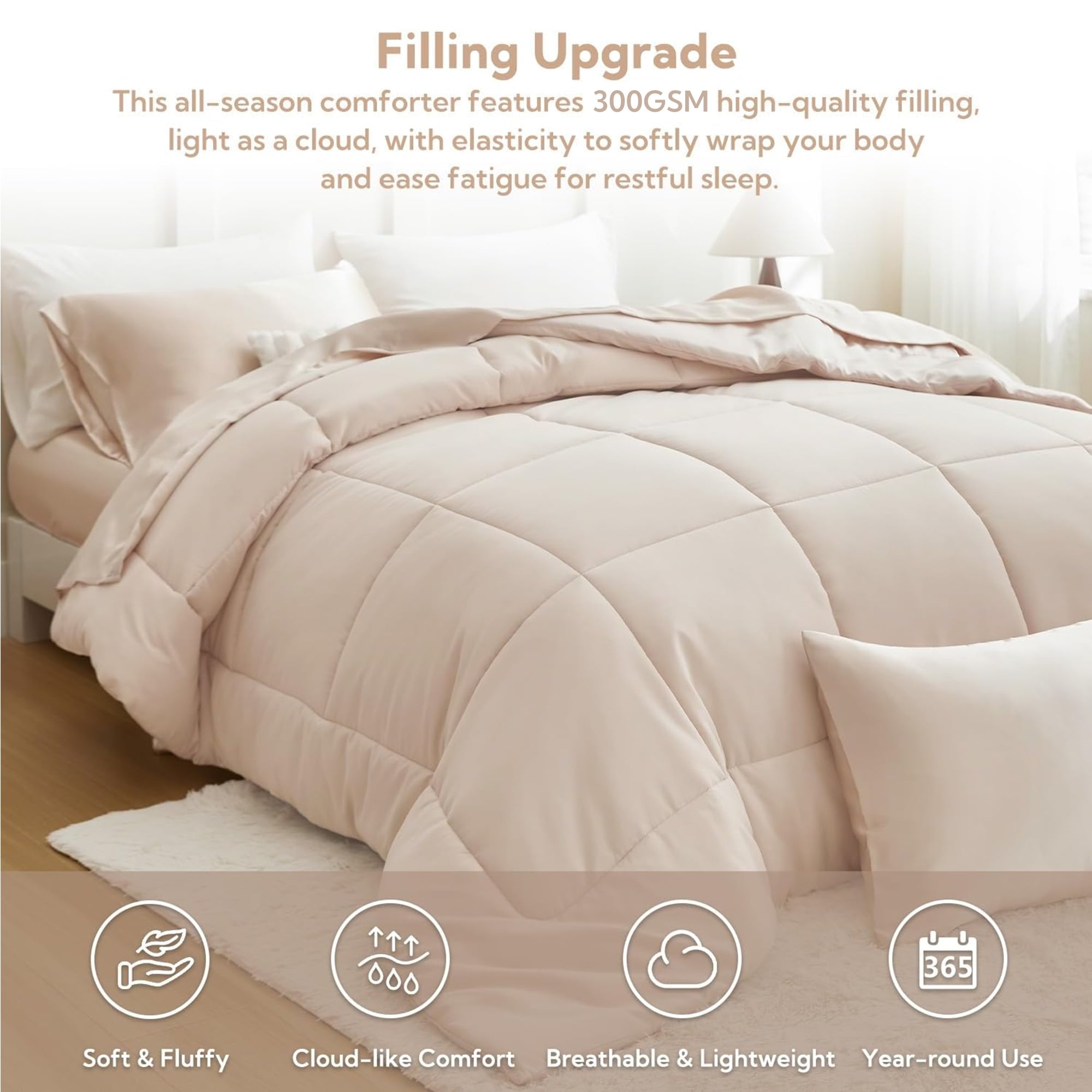MR&HM Reversible Satin Microfiber Comforter 3 Pieces Full Size, Beige Full Comforter Set for All Seasons, Silky Soft Satin Comforter for Hair and Skin, with Satin Pillowcases Set of 2