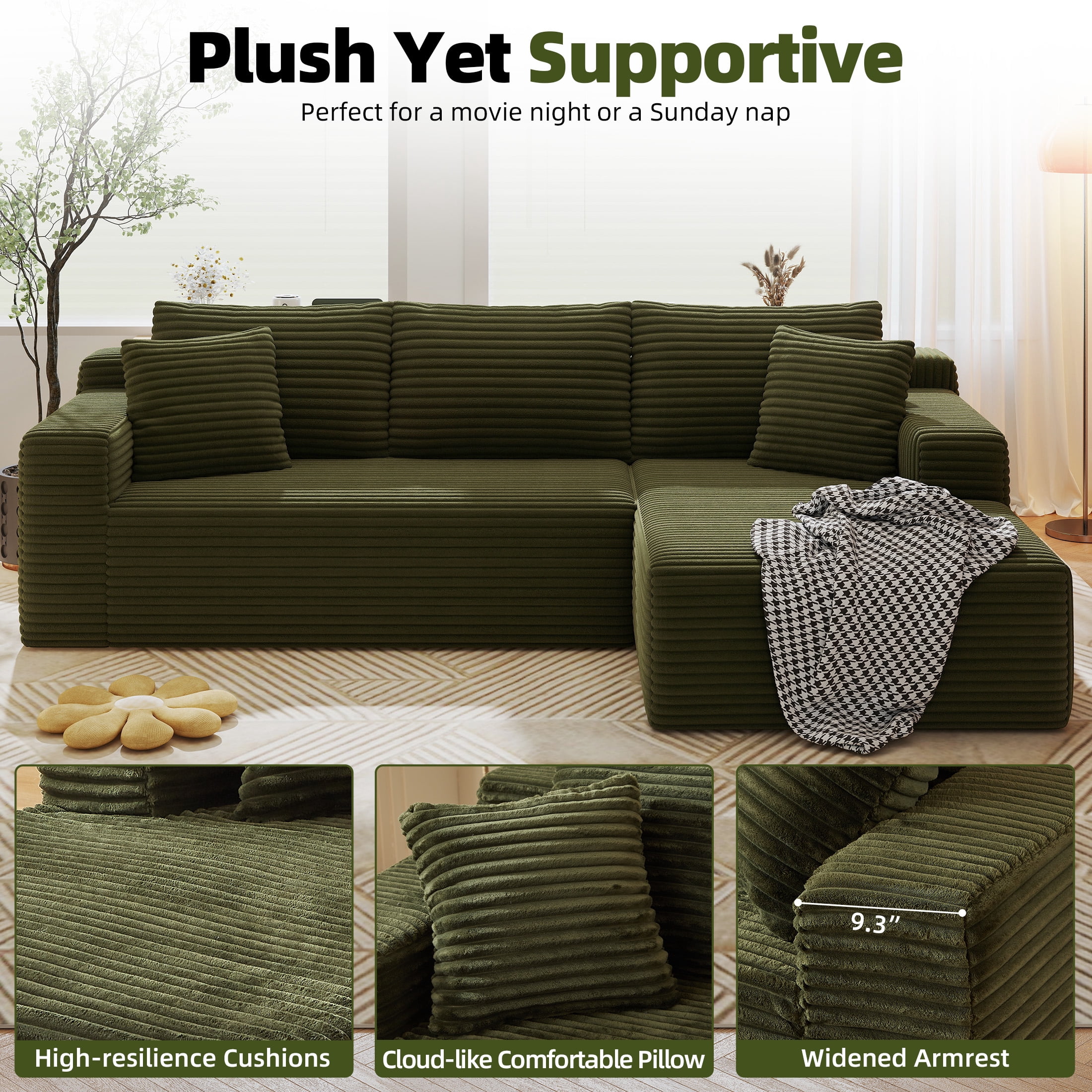 AENKYO 96” Cloud Modular Sectional Sofa with L-Shape Chaise, Deep Seat Corduroy Upholstered Couch, No Assembly Required, Green