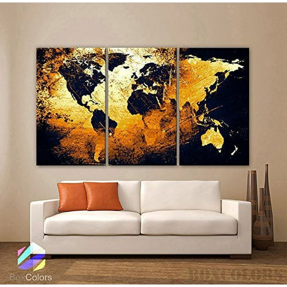 Original by BoxColors Large 30"x 60" 3 Panels 30x20 Ea Art Canvas Print World Map Abstract Orange Yellow Black Wall Decor Interior Design Home Office (Framed 1.5" Depth)