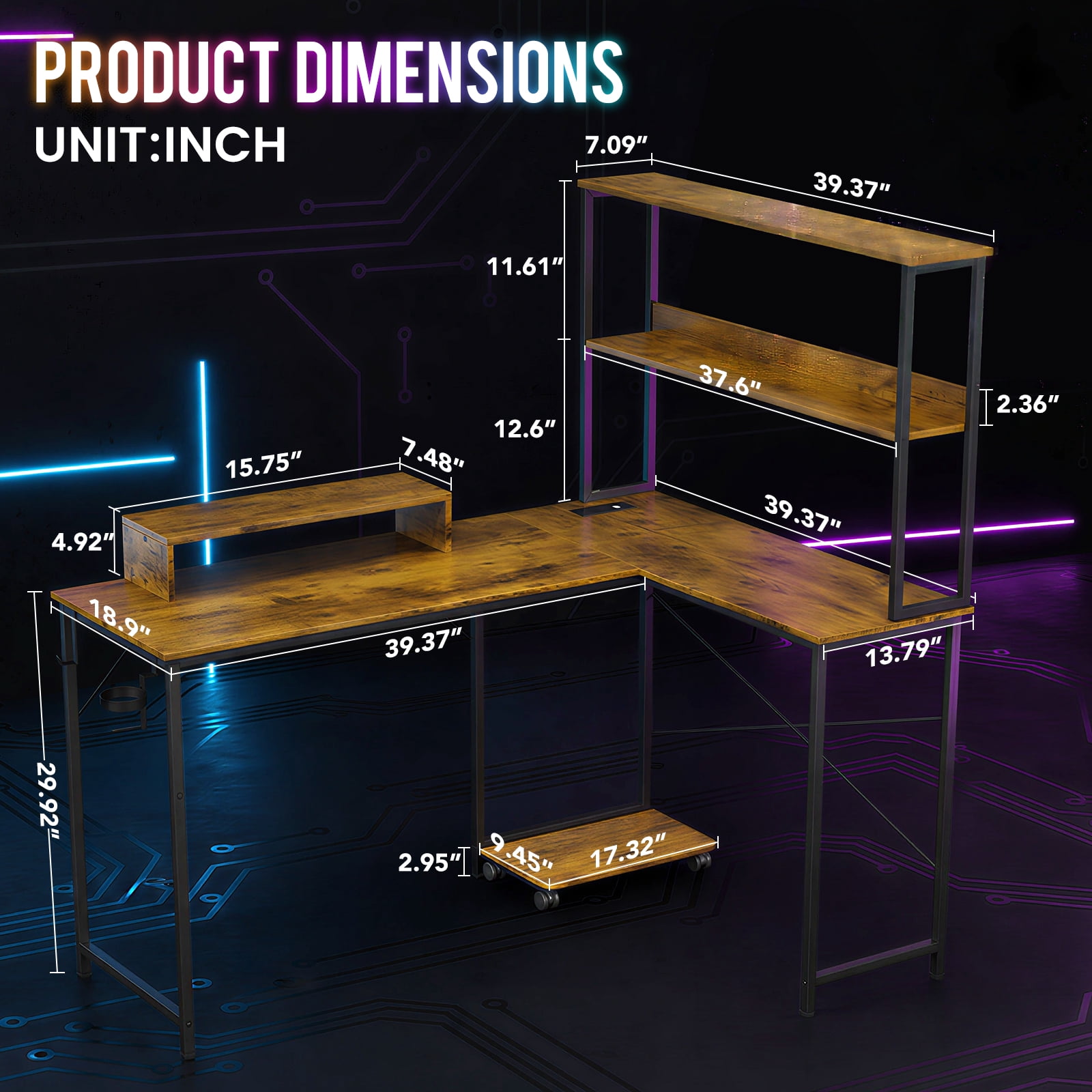 CLOUDREST PTO 53" L-Shaped Gaming Desk, Power Outlets & RGB LEDs, Brown