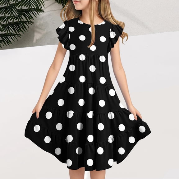 JUSLIO Girls Patchwork Dress Polka Dot Crew Neck Short Sleeve with Pockets Casual Dresses Size 6 Y