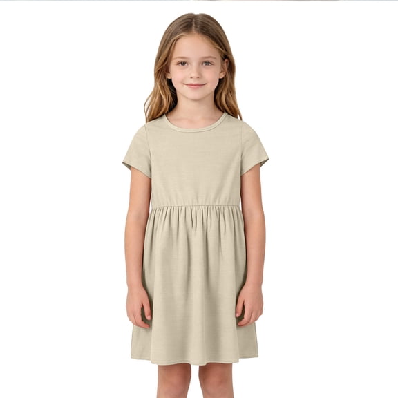 Girls Cotton Linen Dress Oversized Short Sleeve Crewneck Dress Casual Loose Dress with Pockets