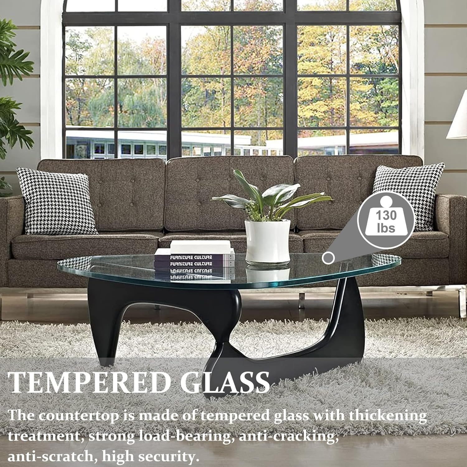 FORU Modern Glass Coffee Table, 32.68" D x 22.44" W x 15.75" H, Abstract Round Tea Tables for Living Room Home Office Industrial Cocktail Tables (Black-transparent Glass, 32.68")
