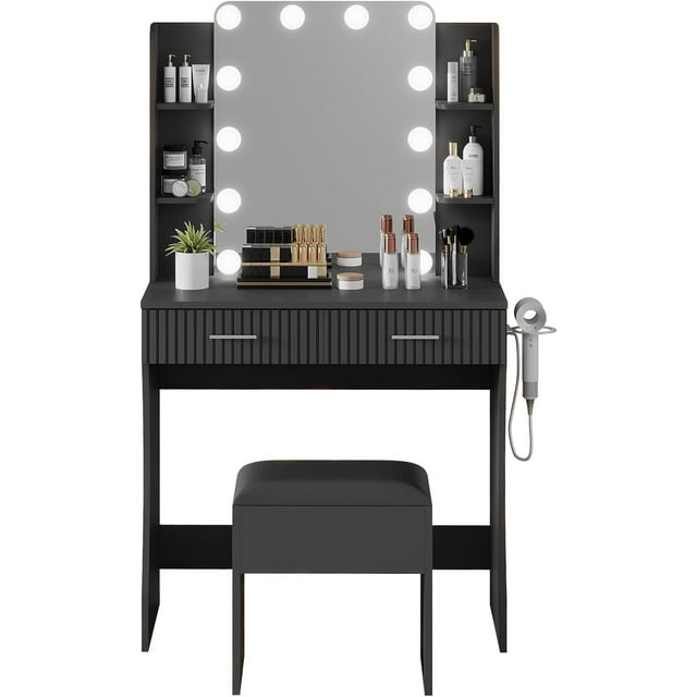Makeup Vanity Table Set LED Mirror Vanity Desk Modern Dressing Table with 12 LED Lights Power Outlet Hair Dryer Holder Stool for Home Bedroom Dressing Room