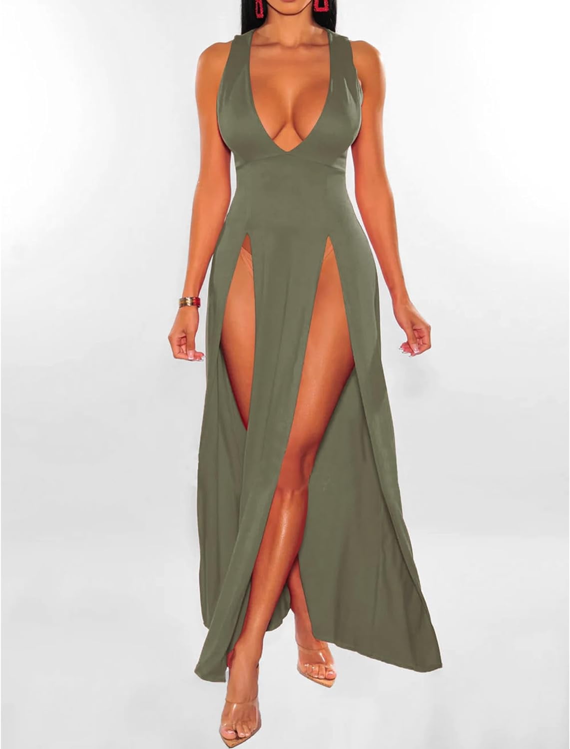 HLSOHJP Women's Double Slit Maxi Tank Dress Sleeveless Deep