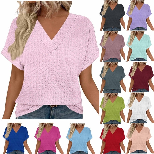 Camisas para adolescentes,Blusa informal con cuello en V para mujer, manga corta estampada, tejido suave de imitación de tela, cómoda para uso diario en casa, sopatenor