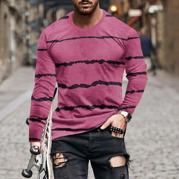 Blusas y camisas de manga larga con cuello redondo para hombre, blusa informal de manga larga con cuello redondo y estampado de rayas para hombre.