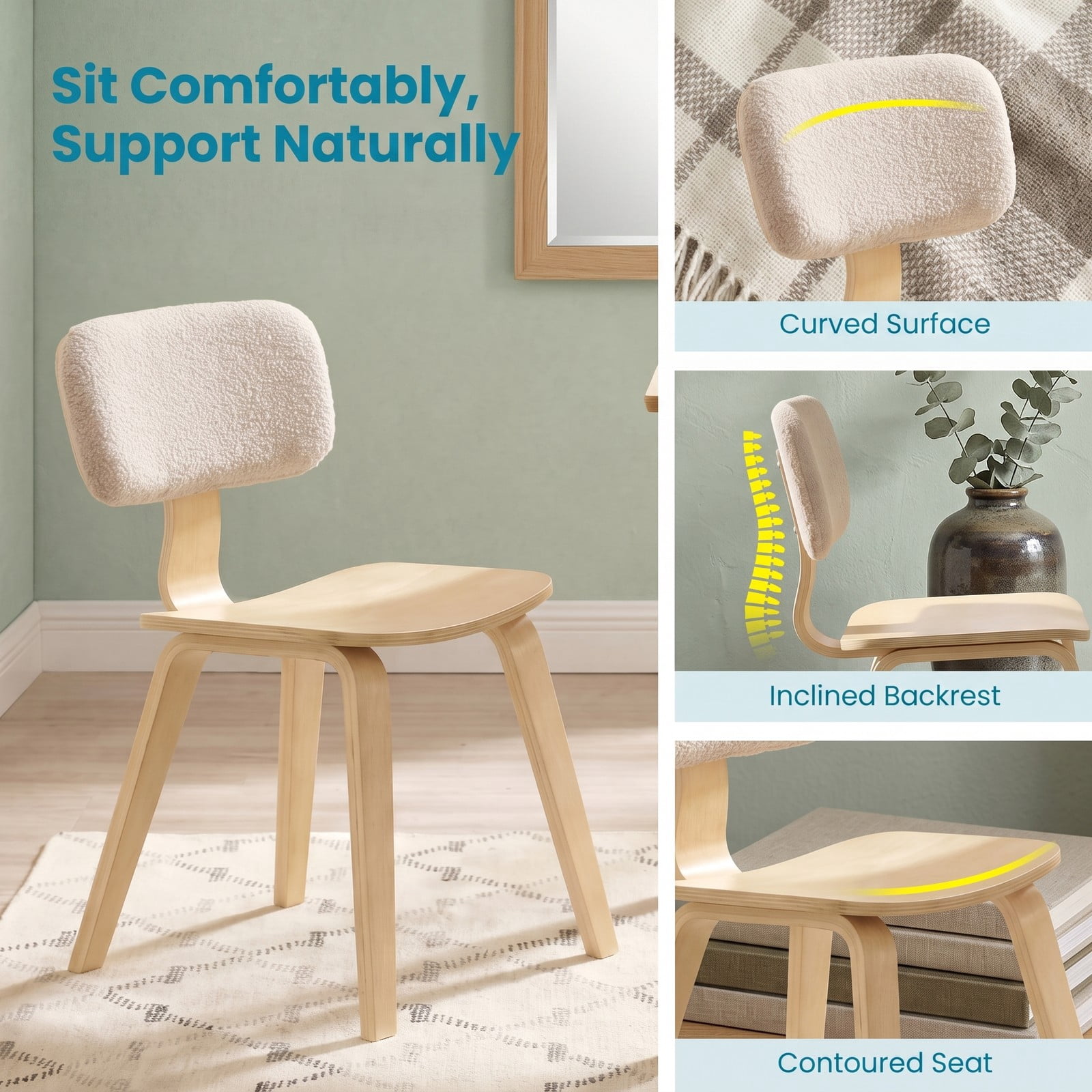 Furnibear Set of 2 Rubber Wood Dining Chairs with Teddy Velvet Padded Backrest, Upholstered Kitchen Side Chairs with Curved Back and Contoured Seat for Home, Natural
