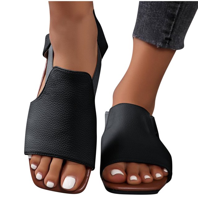 Flats Sandals for Women Slingback Slip on Elastic Strap Open Square Toe Non Slip Beach Sandals Black