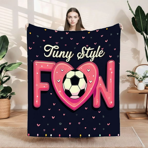 Cozy Flannel Blanket - Soft & Warm Playful Soccer Design with Hearts Perfect for Sofa Travel Bed & Chair - Durable & Fun