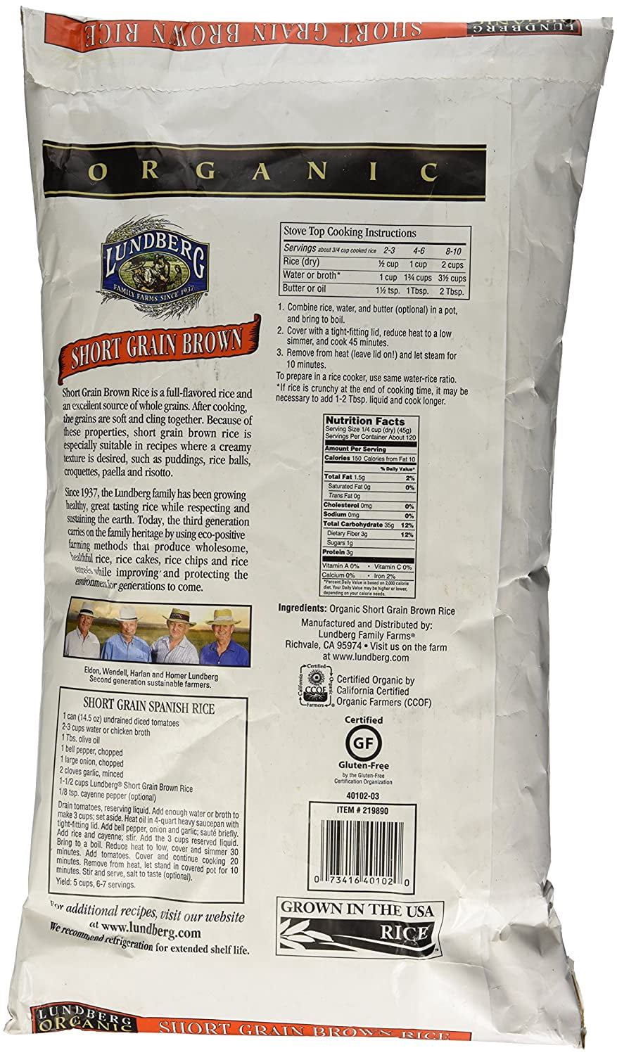Lundberg Organic Short Grain Brown Rice 12 lb. Bag