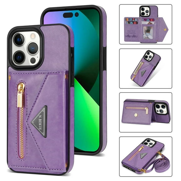 ELEHOLD Crossbody Leather Wallet Case for iPhone 15 Pro Max 6.7" Credit Card Slots Zipper Pocket Kickstand Function Shockproof Purse Case with Adjustable Shoulder Strap for iPhone 15 Pro Max,Purple