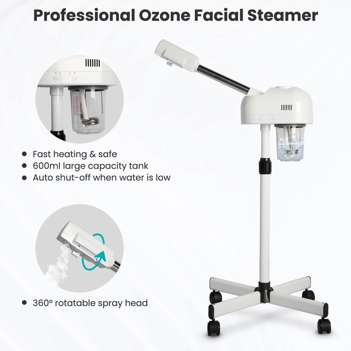 TASALON Professional Facial Steamer, Hot Mist Spray, Vaporizador Facial Steamer for Esthetician, Height Adjustable, SPA at Home, White