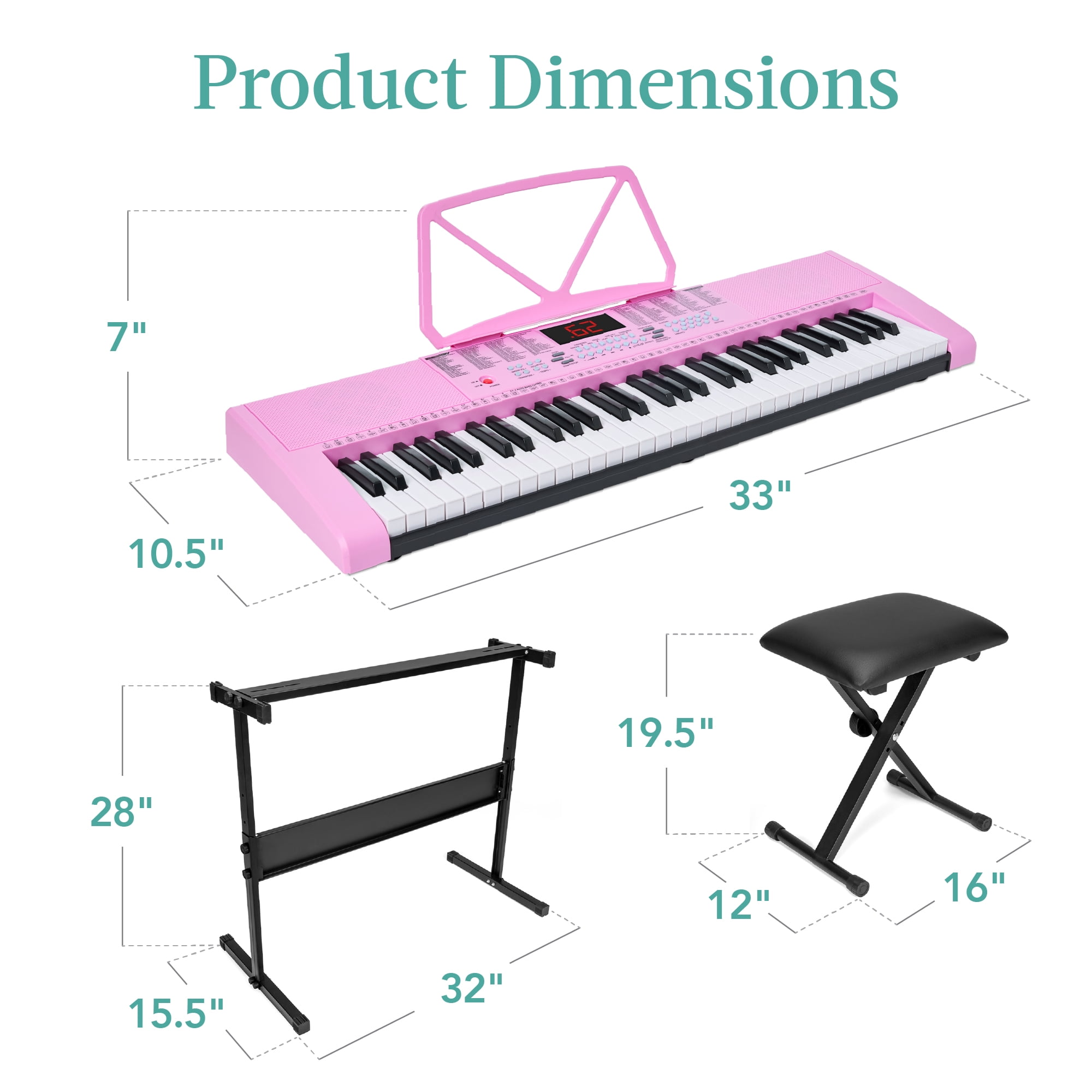 Best Choice Products 61-Key Beginners Electronic Keyboard Piano Set w/ LED, 3 Teaching Modes, H-Stand, Stool - Pink