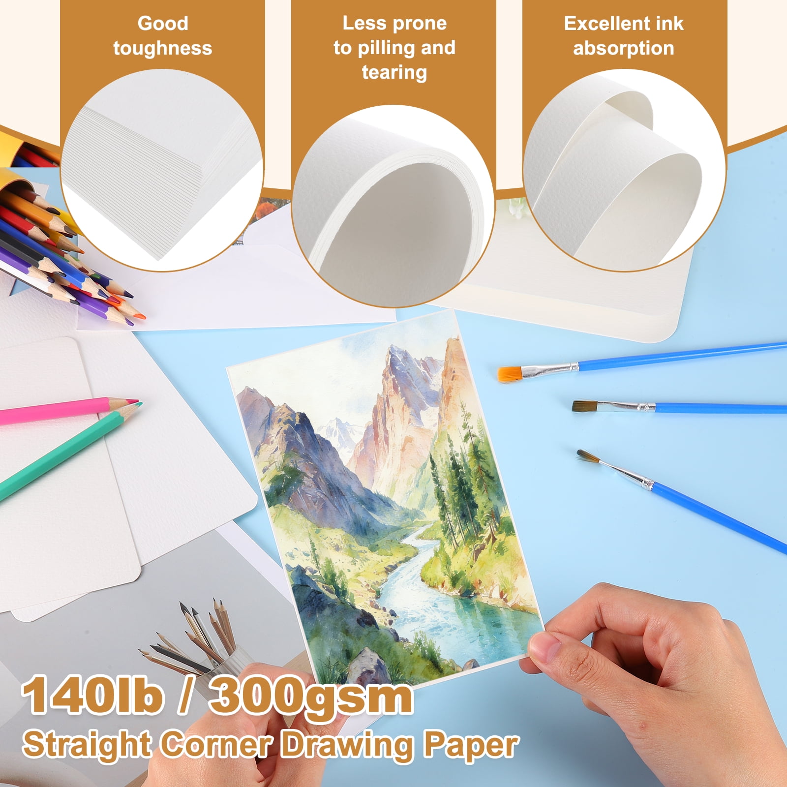 Uxcell 40 Set Watercolor Paper with Envelopes 6 x 4 Inch 140lb/300gsm Artist Painting Drawing Paper Cold Press Water Color Sheet with White Box for Sketchbook Journal (Straight Corner)