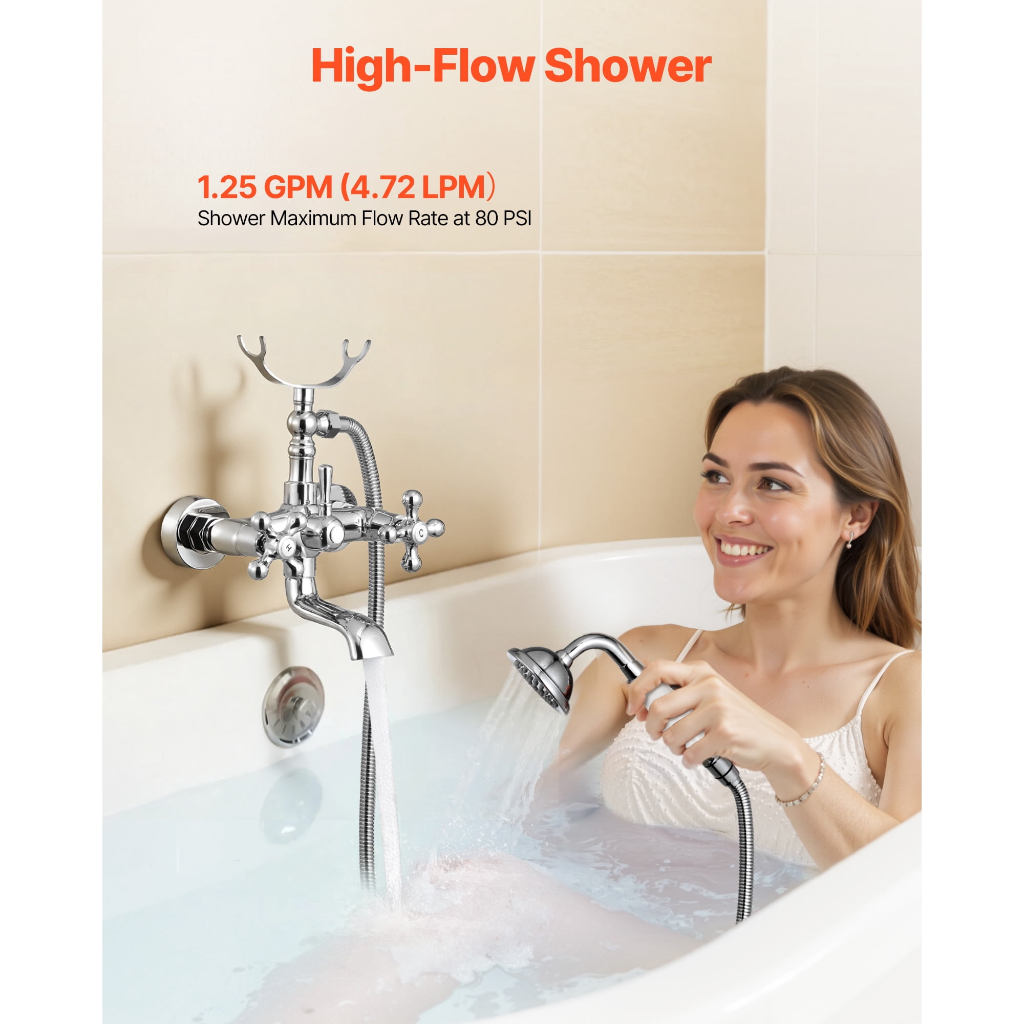 KFFKFF Wall-Mounted Clawfoot Tub Faucet with Handheld Shower, Vintage Polished Chrome Bathtub Filler Kit Featuring Adjustable Swing Arms and 360° Rotating Spout