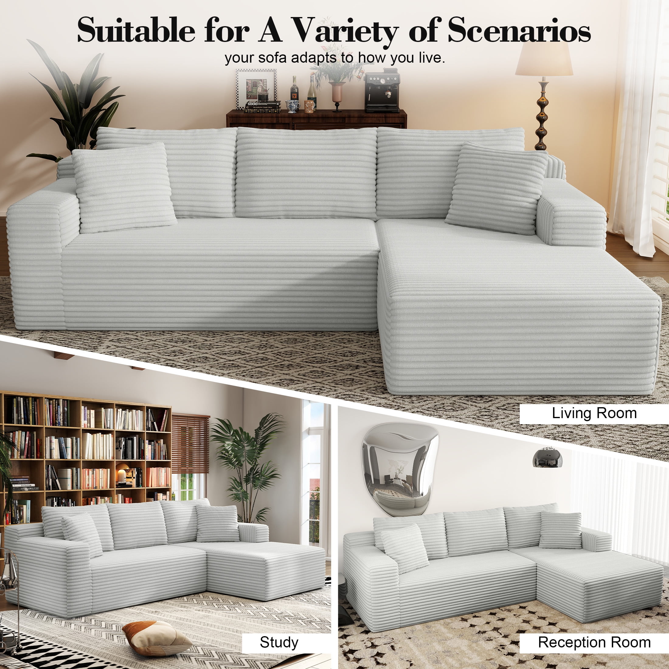 AENKYO Modular Sectional Couch with L-Shape Chaise — Modern Living Room Sofa, Gray, Right-Facing, No Assembly