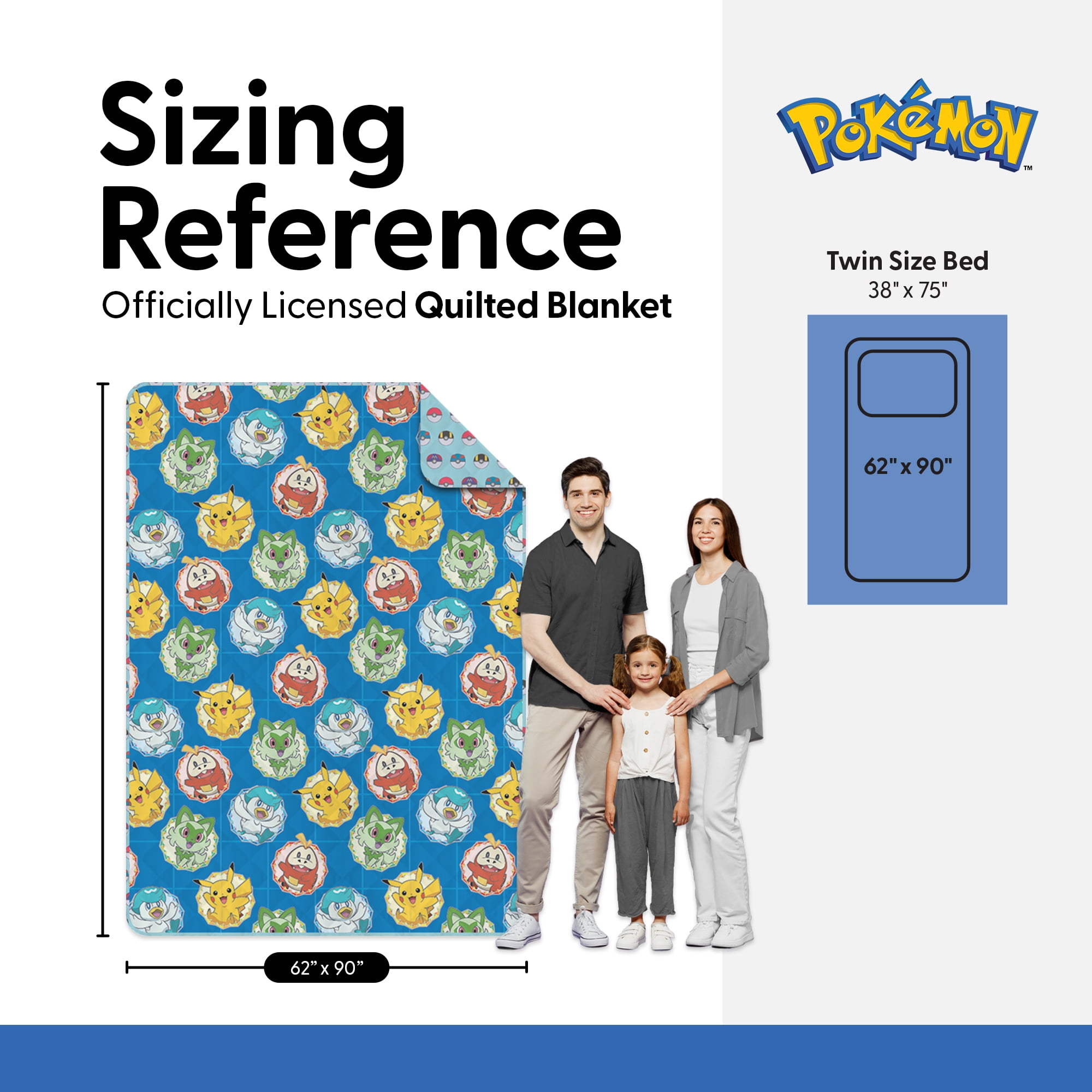 Pokemon Framed Characters Twin/Full Reversible Microfiber Quilted Blanket, 62x90 inches