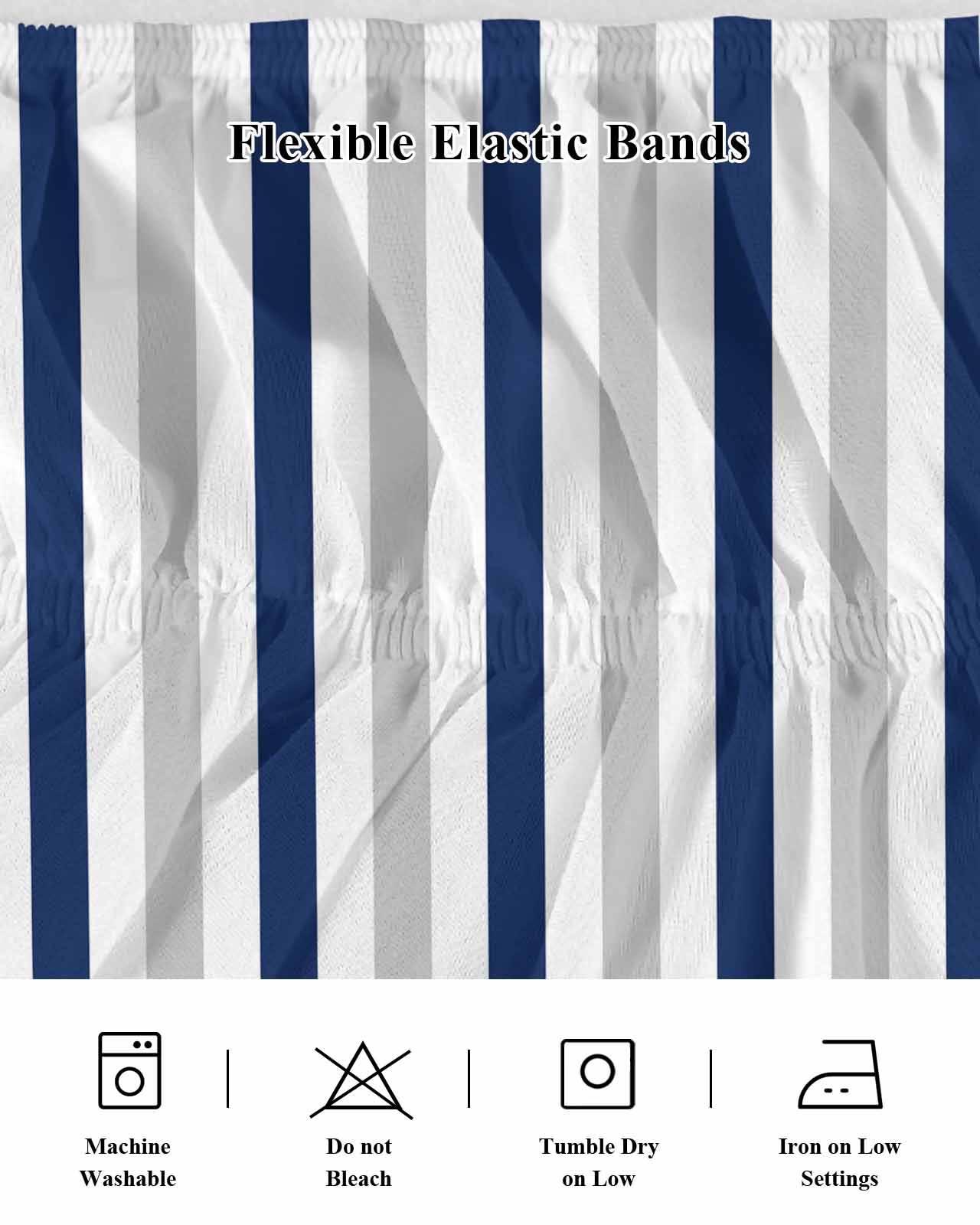 Navy Blue White Stripes Ruffle Bed Skirt King Size Minimalist Abstract Vertical Striped Adjustable Elastic Dust Bed Skirts Wrap Around Bedskirt Wrinkle Free Easy Fit with 18 Inch Drop