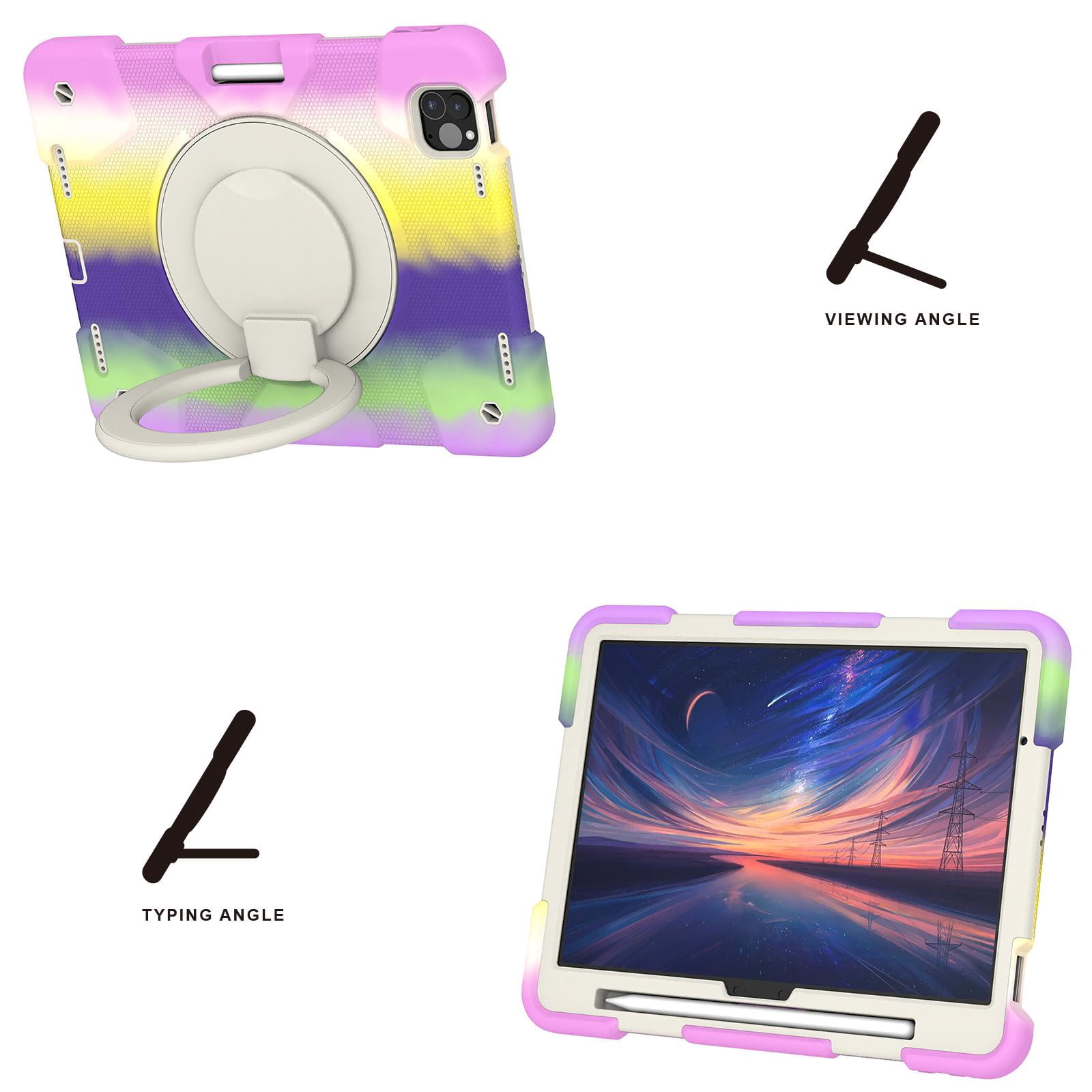 ELEHOLD Military Grade Shockproof Case For Apple iPad Air 11 (2024), Heavy Duty Protection Ring Stand Cover, Adjustable Angel, Detachable Shoulder Strap, Pencil Holder, Colorful Purple