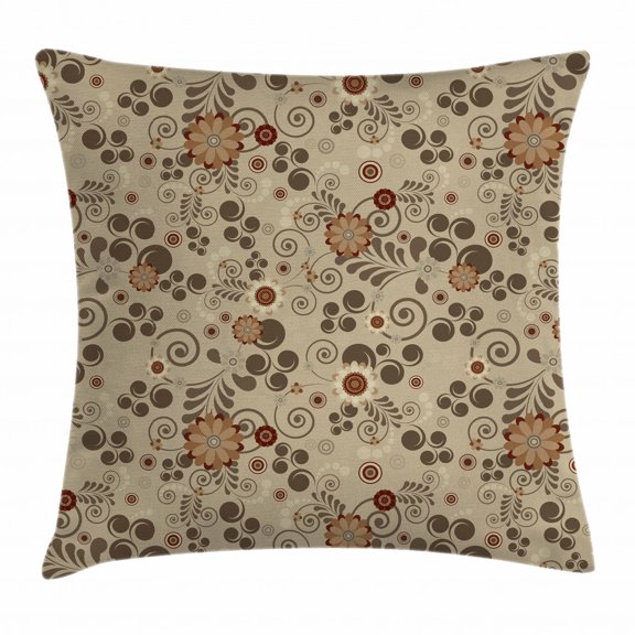 Grunge Throw Pillow Cushion Cover, Floral Pattern with Fantasy Elements Swirls Curves and Dots Retro Colors, Decorative Square Accent Pillow Case, 24 X 24 Inches, Tan Redwood Pale Brown, by Ambesonne