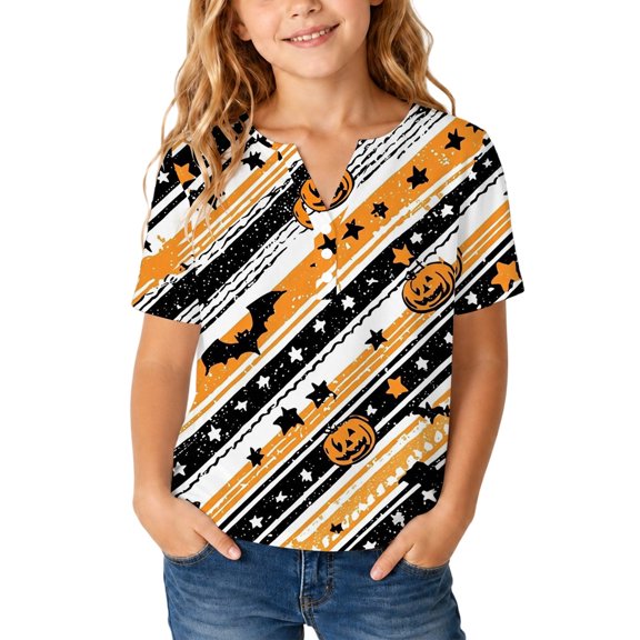 Girls V‑Neck Short‑Sleeve Printed T‑Shirt Halloween‑Themed Fashion Casual Loose Comfortable Kids Tops For Party Daily Outing