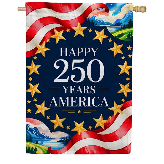 America Forever Happy 250 Years America House Flag, 28 x 40 inch Double Sided, Mountain Landscape Flag, USA Semiquincentennial, Patriotic 250th Anniversary Celebration
