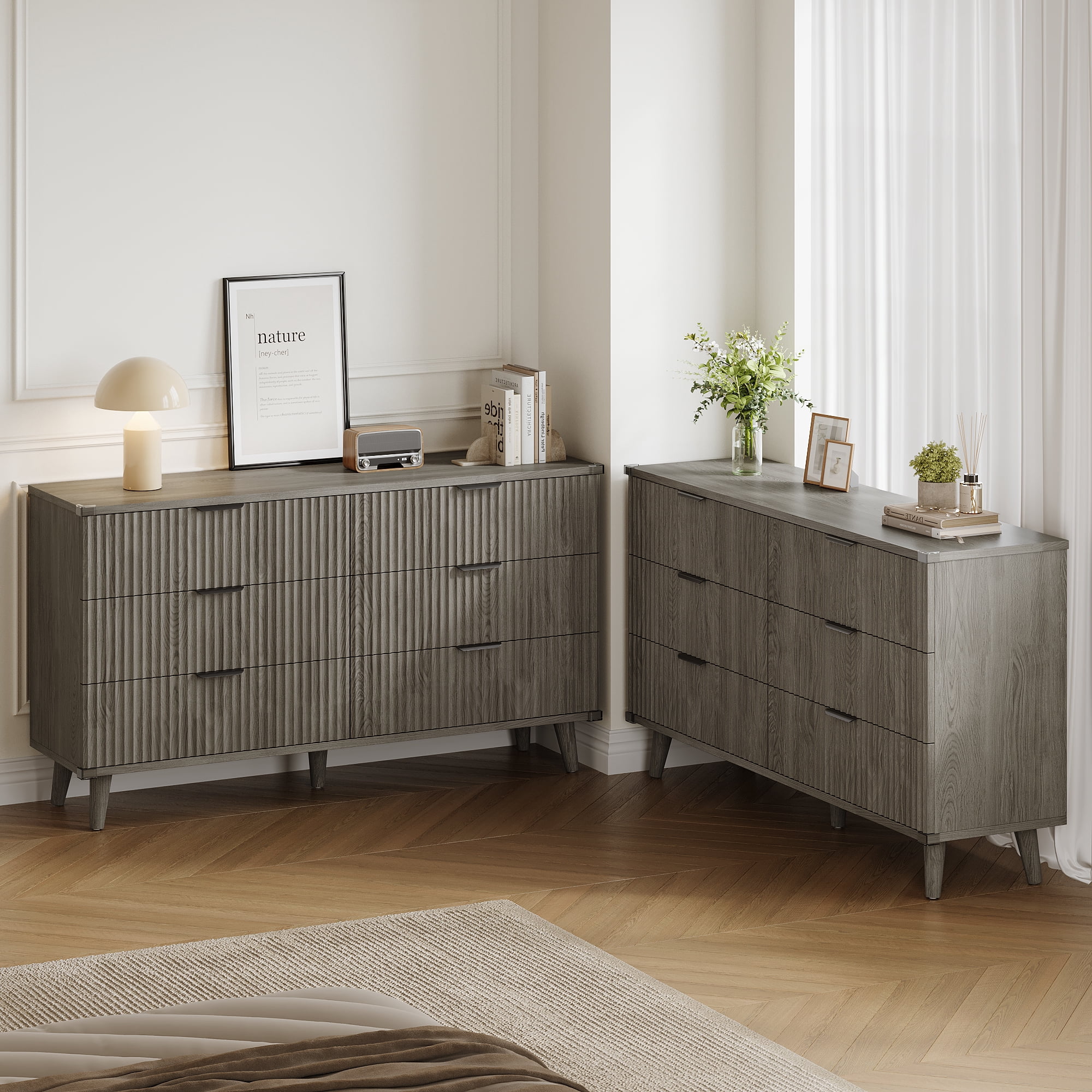 Aufeile 6 Drawer Dresser for Bedroom, 53" Wood Dresser & Chest of Drawers with Fluted Design, Bedroom Dressers for Adults & Dresser Organizer, Long Dresser with Storage, Dark Gray Oak