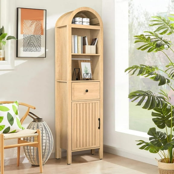 64" Arched Bathroom Storage Cabinet, Kitchen Pantry Tall Cabinet with Adjustable Shelves, Freestanding Display Cabinet for Living Room