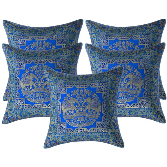 Stylo Culture Indian Christmas Brocade Turquoise And Gold Throw Pillow Covers 16x16 Jacquard Weave Banarasi Throw Pillow Cases Elephant Floral 40x40 cm Decorative Cushion Covers (Set Of 5)