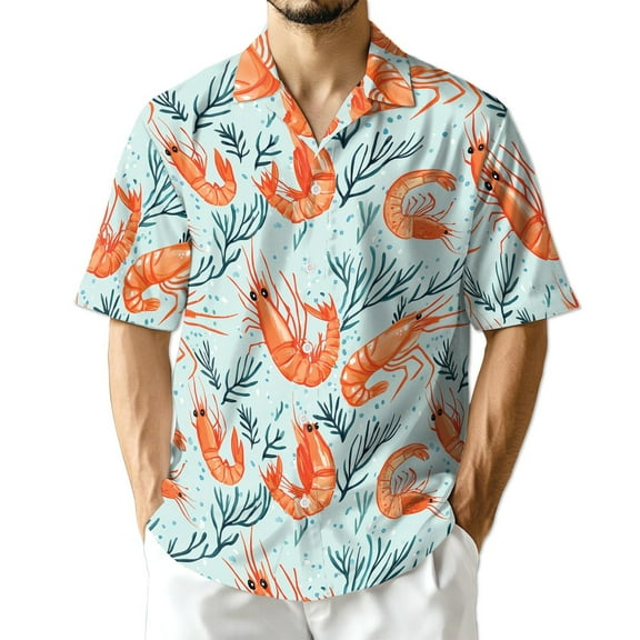 Netecom Vintage Shrimp Hawaiian Shirt for Men, Button Down Summer Beach Short Sleeve, Retro Style, Sizes S-5XL