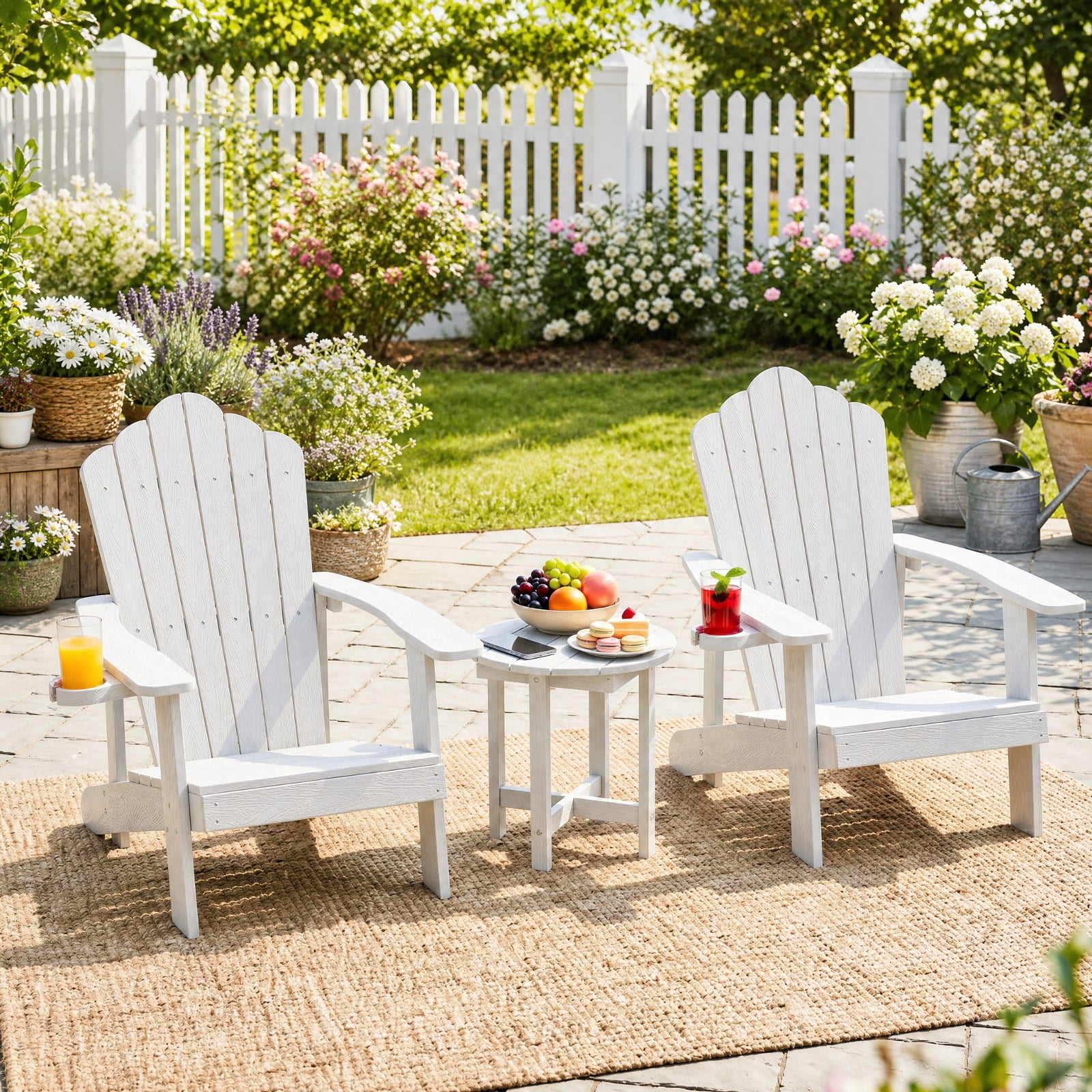 Biotree 18 Inch Adirondack Side Table Outdoor, All-Weather HIPS End Table with Wood-Grain Slatted Top and X-Base for Deck Porch Poolside, White
